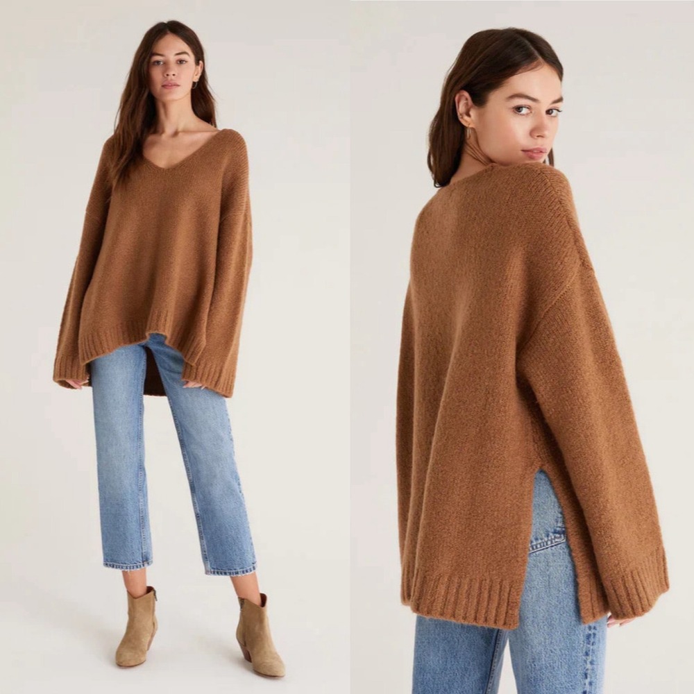 Z‎ Supply Weekender V-Neck Sweater in Camel Brown Size Large